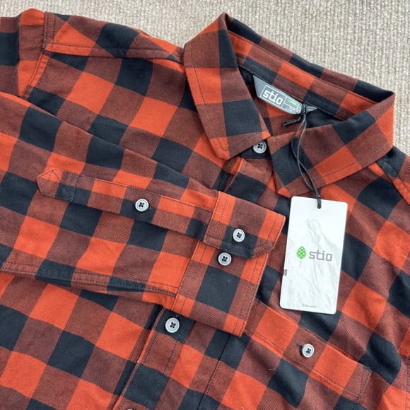 Stio Miter Lightweight Orange/Black Plaid Flannel Men's Size Small NWT - Picture 1 of 8